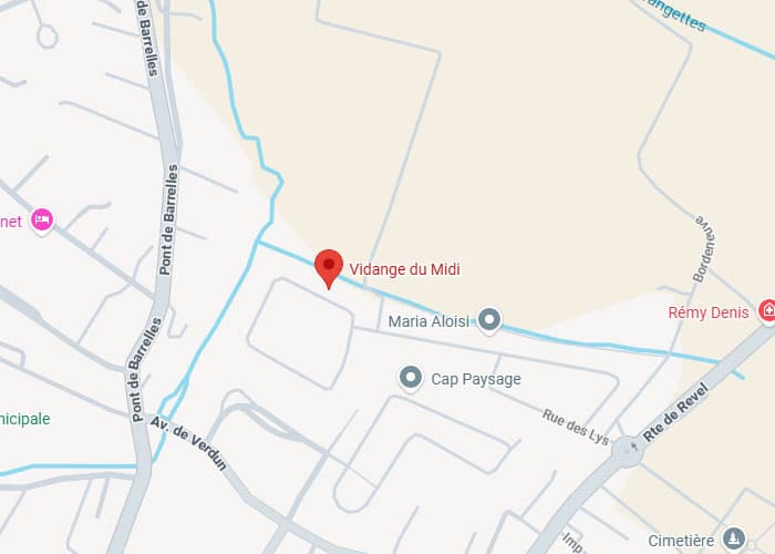 Vidange du Midi : Plan et Accès Pont de Barrelles Plan Google Maps de Vidange du Midi situé entre le Pont de Barrelles et la Rue des Lys.
