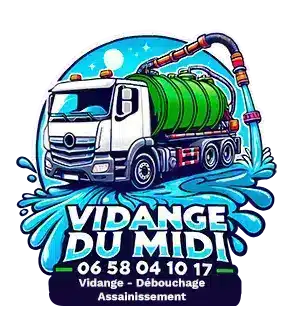 Vidange du Midi - Service d'Assainissement et Débouchage Logo Vidange du Midi, camion blanc et vert, débouchage assainissement 0658041017.